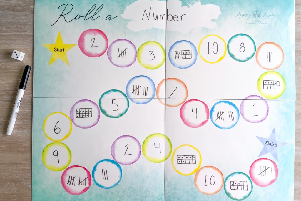 Practice counting and identifying numbers with the best educational game- Roll a Blank Board Game