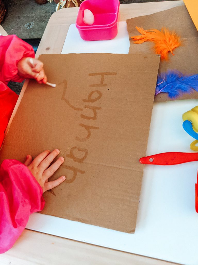 Using cotton swabs, cardboard and feathers to paint with water.
